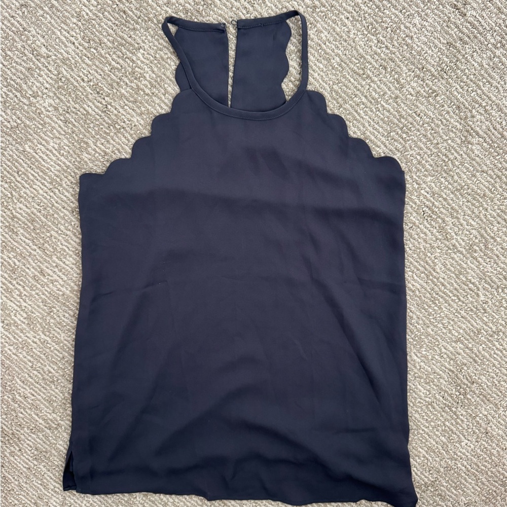 LOFT Scalloped Grey Sleeveless High Neck Top Blouse